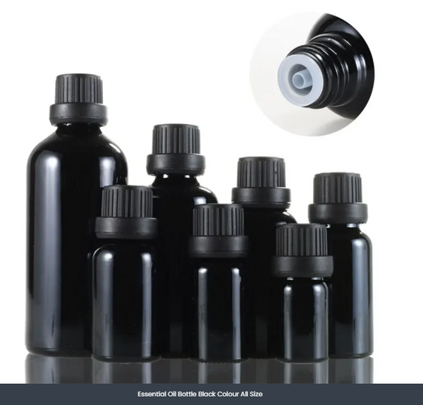 GLASS Essential oil Bottle black colour all size moq-100